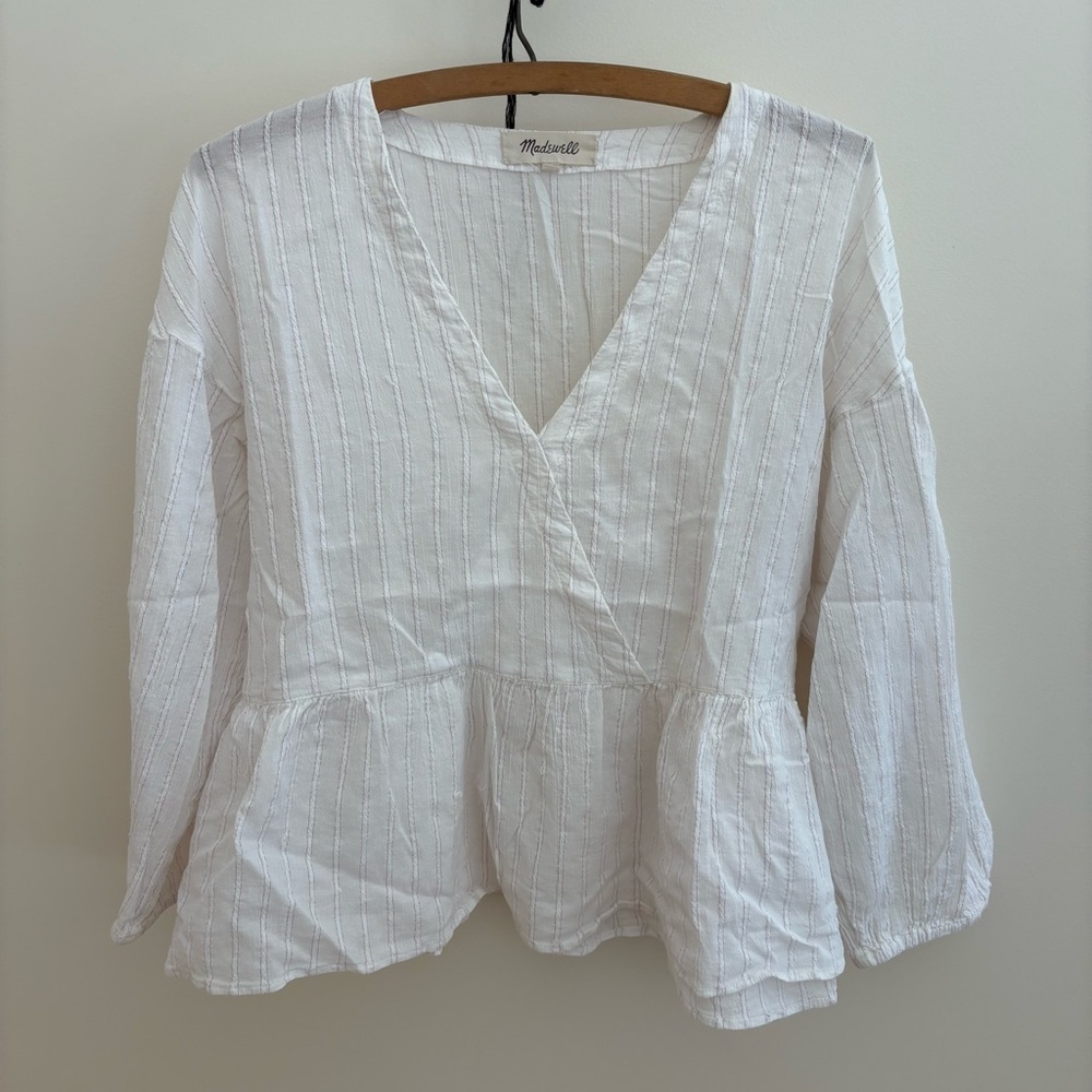Madewell White Peplum V-Neck Long Sleeve Blouse